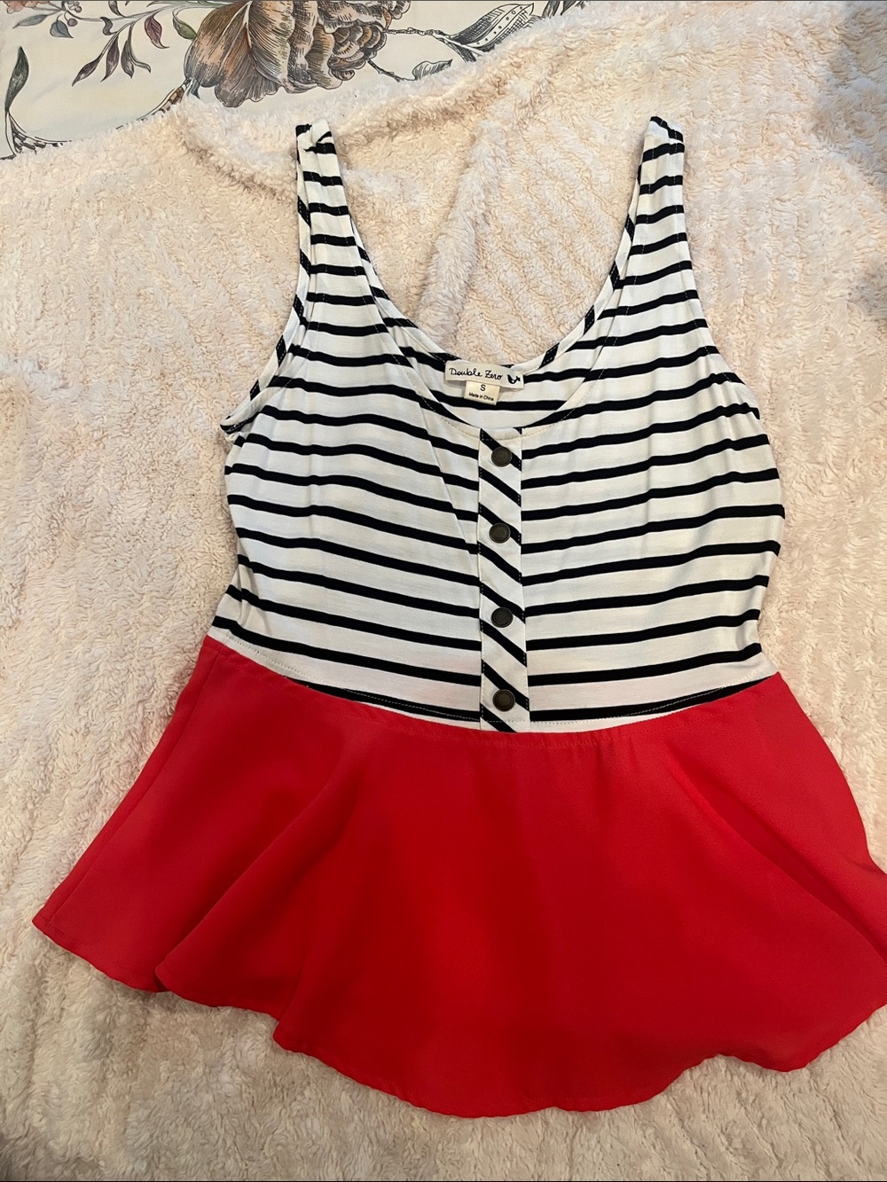 Double Zero Black & White Striped Tank with Red Peplum